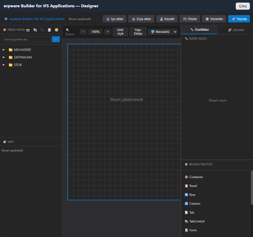 erpware Builder for IFS Applications — Designer ekranı
